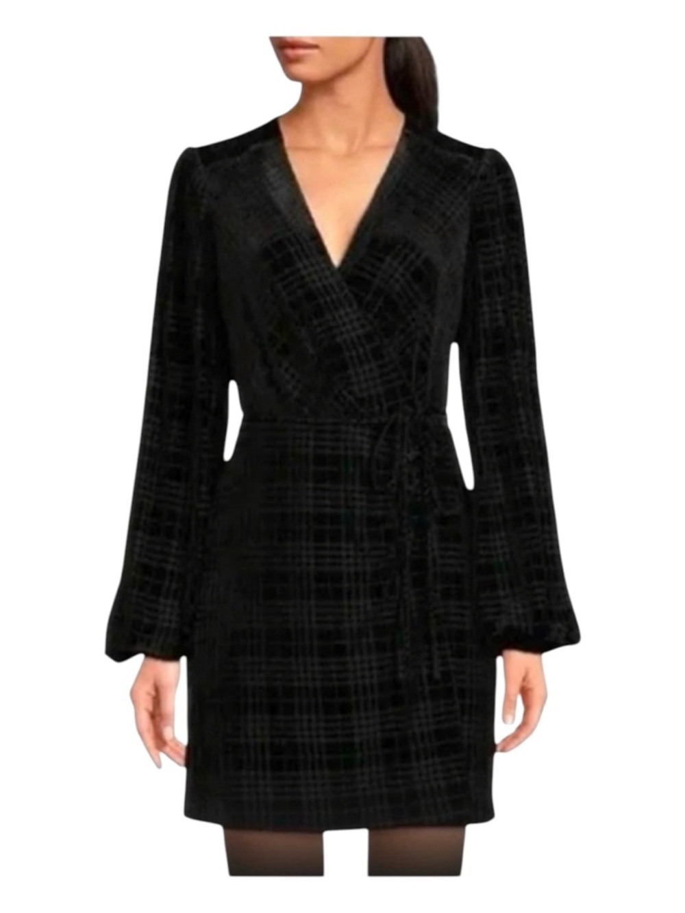 GIANNI BINI Black Faux Velvet Long Sleeve Houndstooth Wrap Mini Dress, Size S.